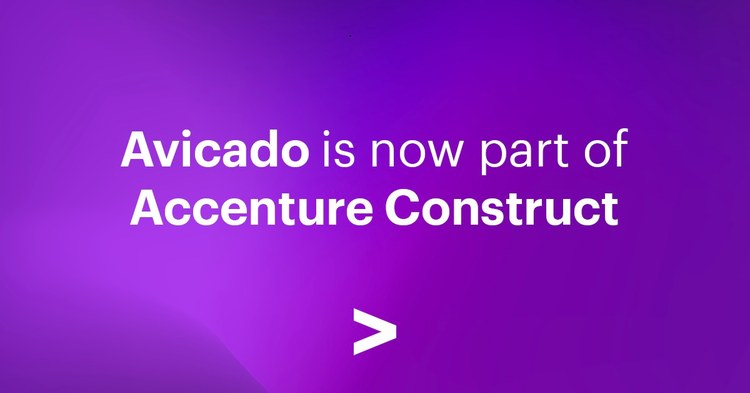 Grafica viola dell’annuncio: Avicado fa ora parte di Accenture Construct