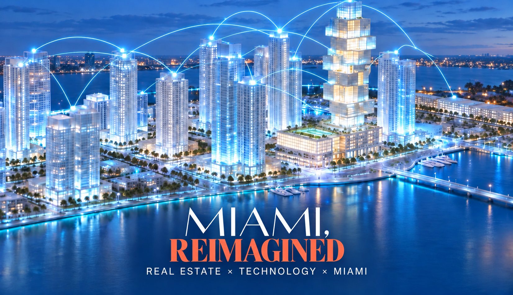 Banner di Miami Reimagined: lo skyline di Miami di notte unito dalla luce