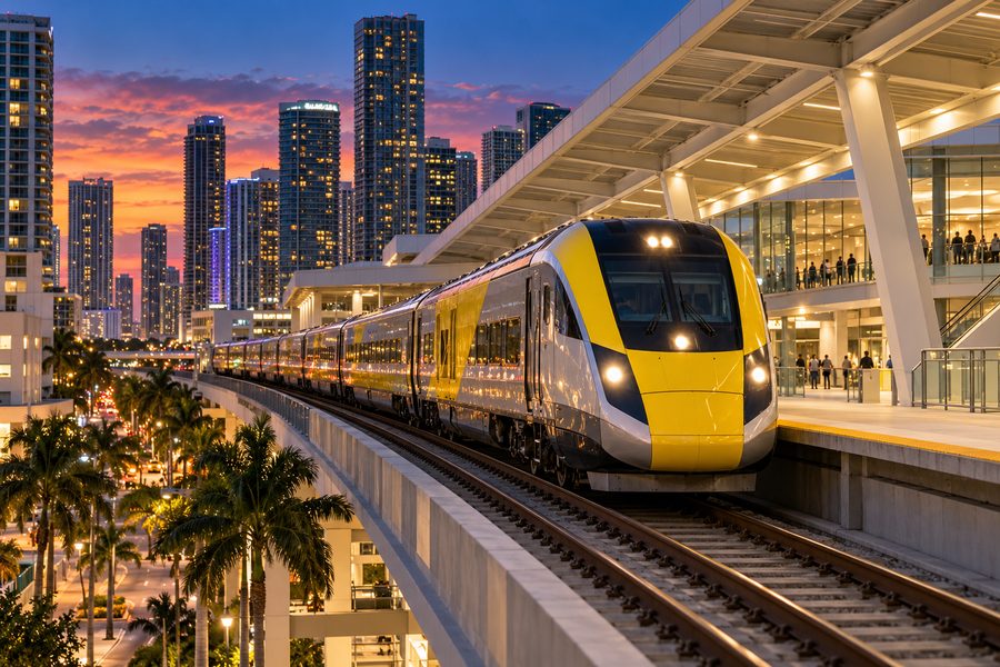Concept illustration of a passenger train at an elevated downtown Miami station