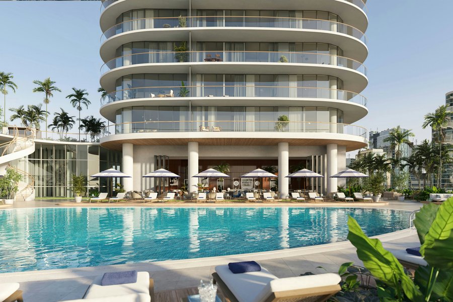 Rendering of the pool deck and curved balconies of Cipriani Residences Miami