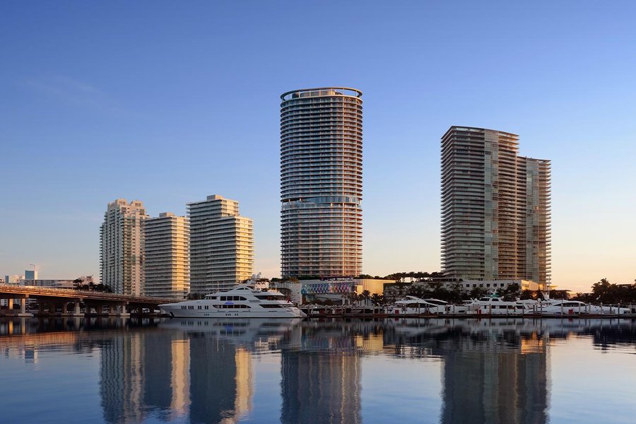 Rendering of Five Park rising above the marina at the south end of Miami Beach