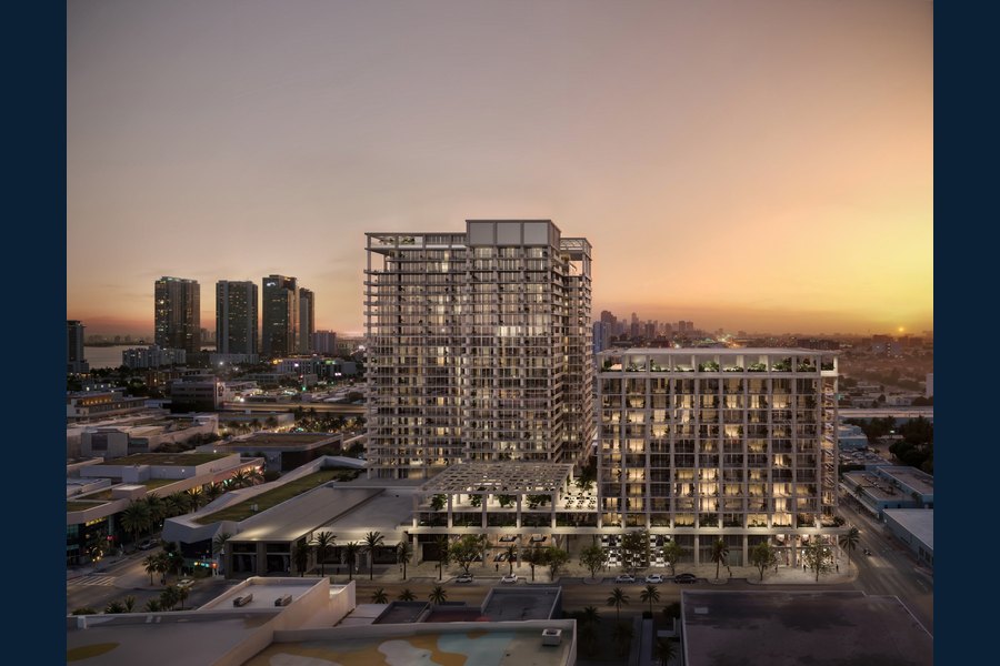 Rendu des tours en projet Fouquet’s dans le Miami Design District, au crépuscule