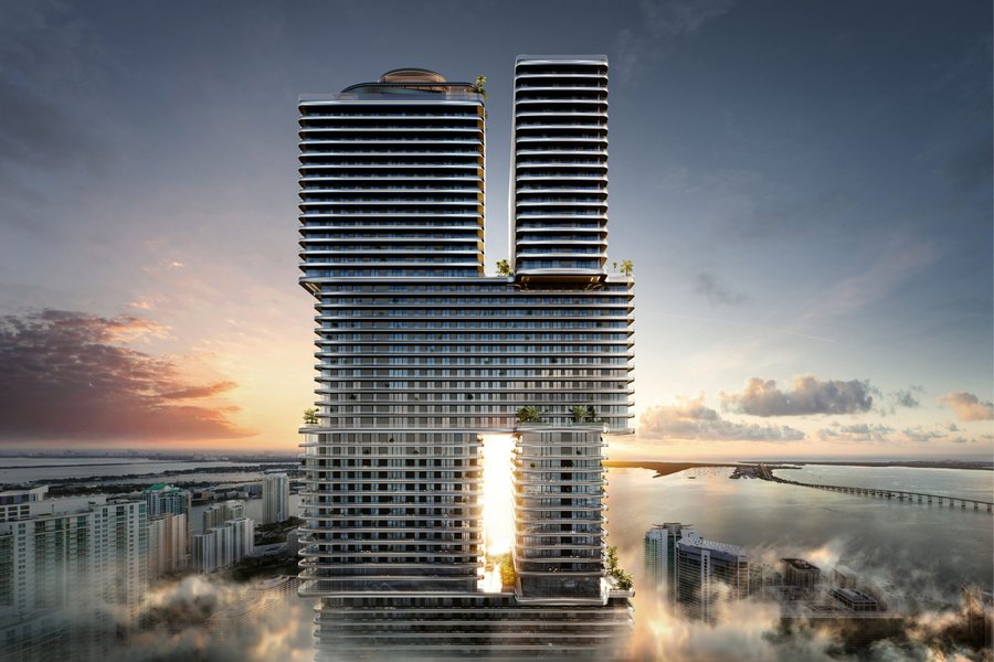 Rendering of the Mercedes-Benz Places towers at sunset over Brickell