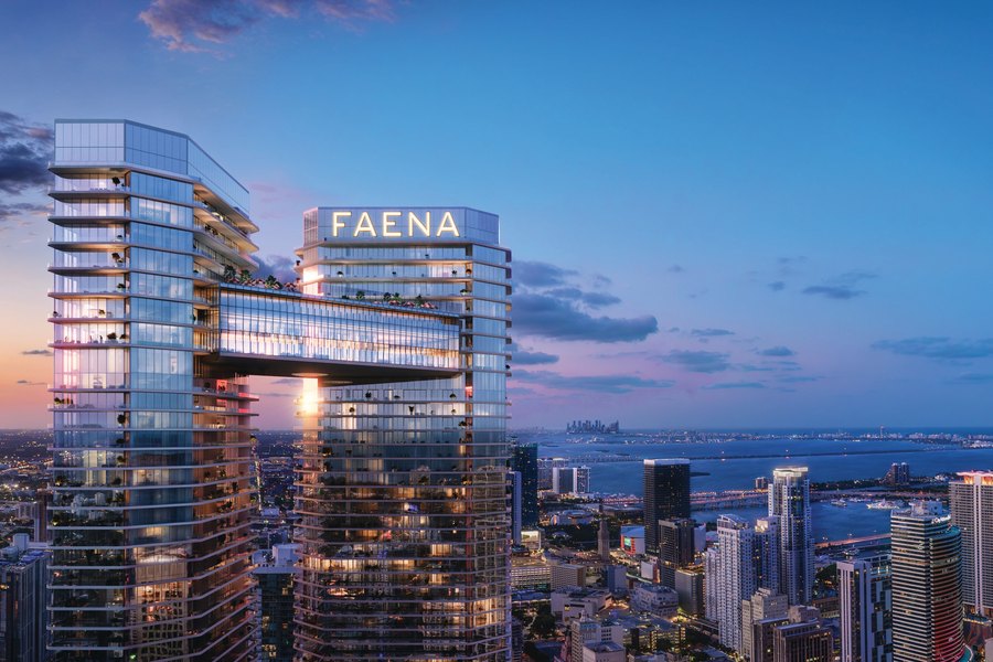 Official rendering of the two Faena Residences Miami towers joined by a skybridge, with Biscayne Bay behind