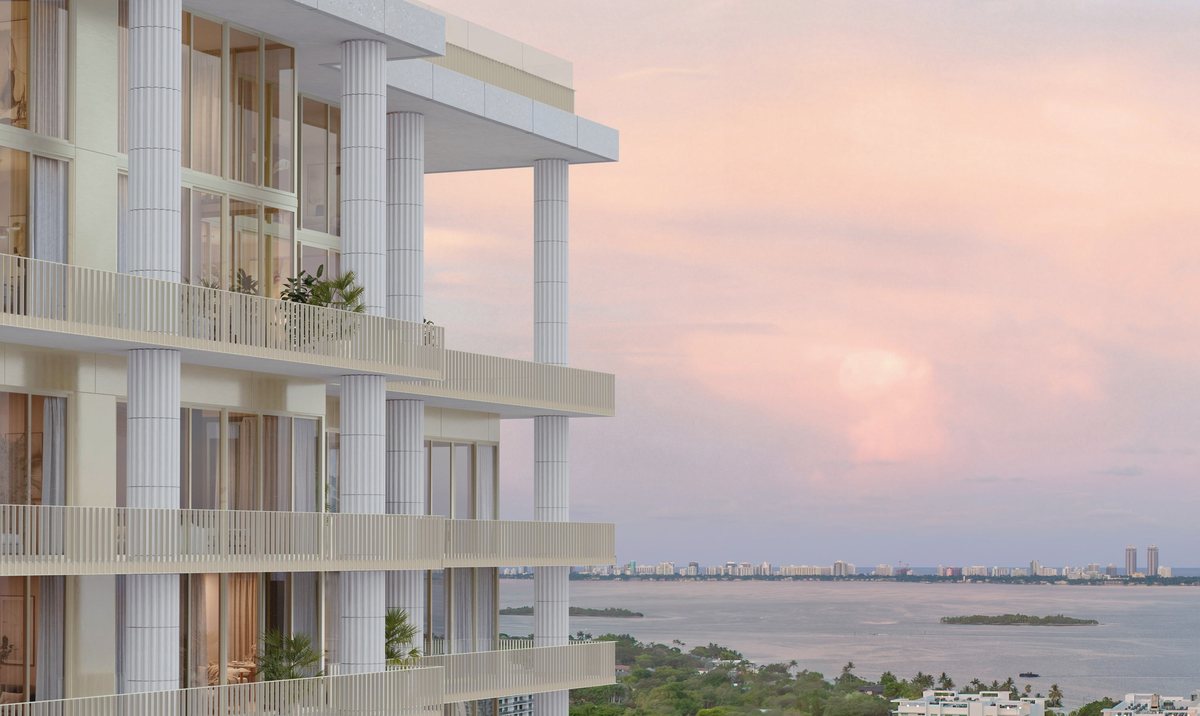 Render de las terrazas de la torre con vista a la bahía de Biscayne al atardecer