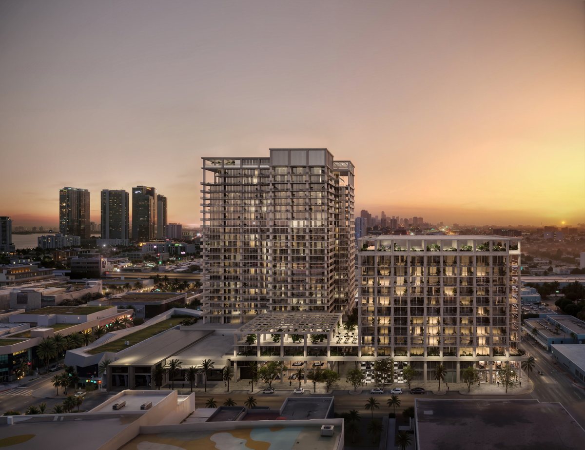 Render de las torres propuestas de Fouquet’s Hotel & Residences en el Miami Design District al atardecer