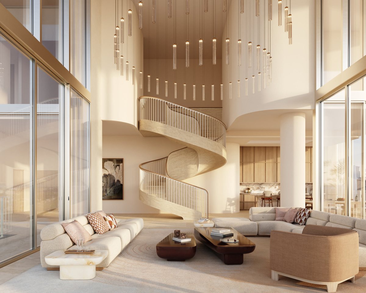 Render de una sala de doble altura con una escalera de caracol escultórica