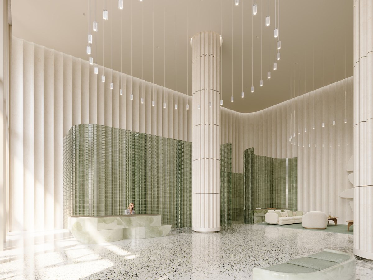 Rendering di una spa bianca con alte colonne, piastrelle verdi e lampade a sospensione