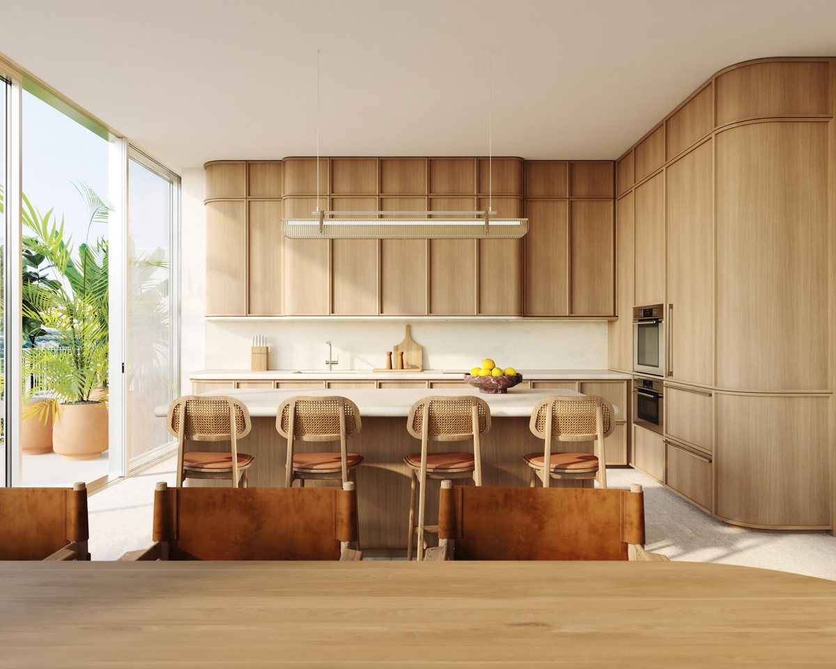 Render de una cocina con gabinetes de madera y una isla alargada