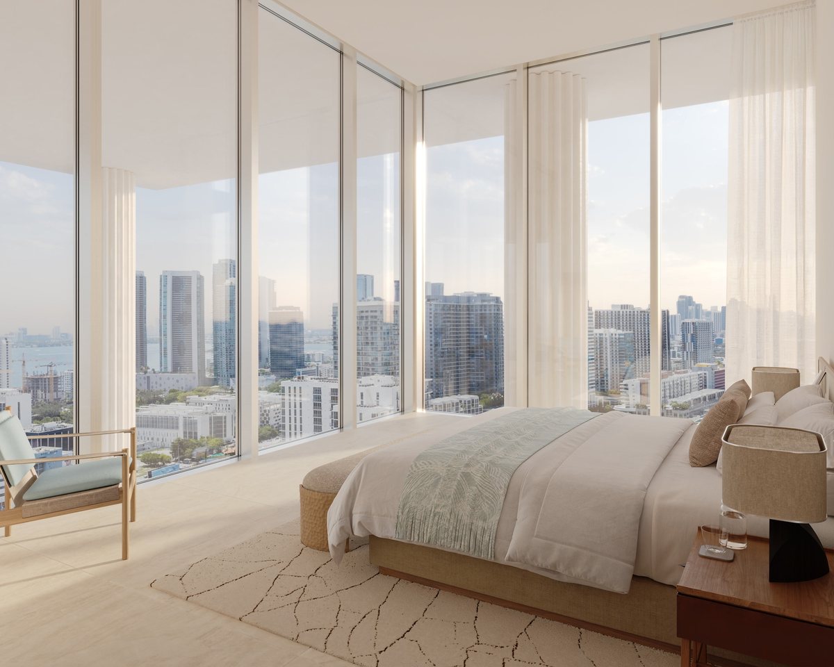 Render de un dormitorio con ventanales de piso a techo y vista a la ciudad