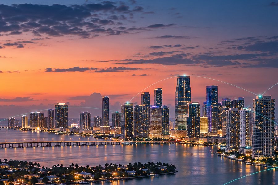 Illustration of the downtown Miami skyline across the bay at dusk