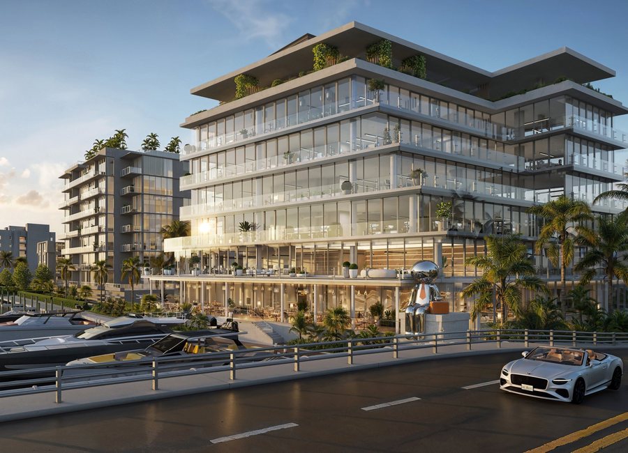 Developer rendering of One Kane’s waterfront office building and marina