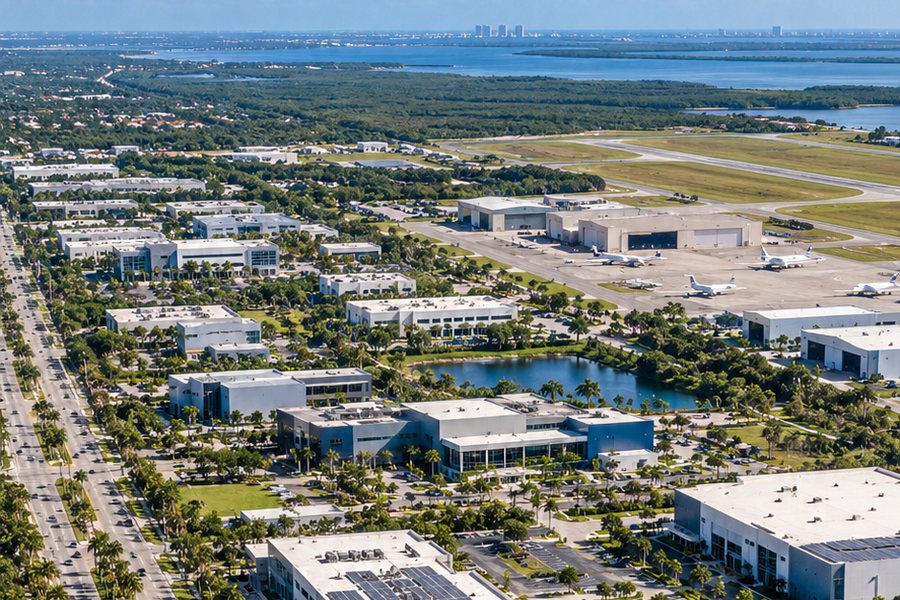 Concept illustration of an aerial view of low-rise research buildings near a small airport in a subtropical landscape