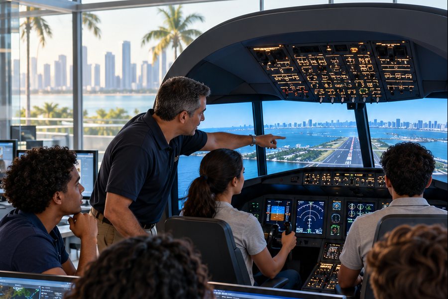 Concept illustration of an instructor and students at a flight simulator overlooking a Miami skyline