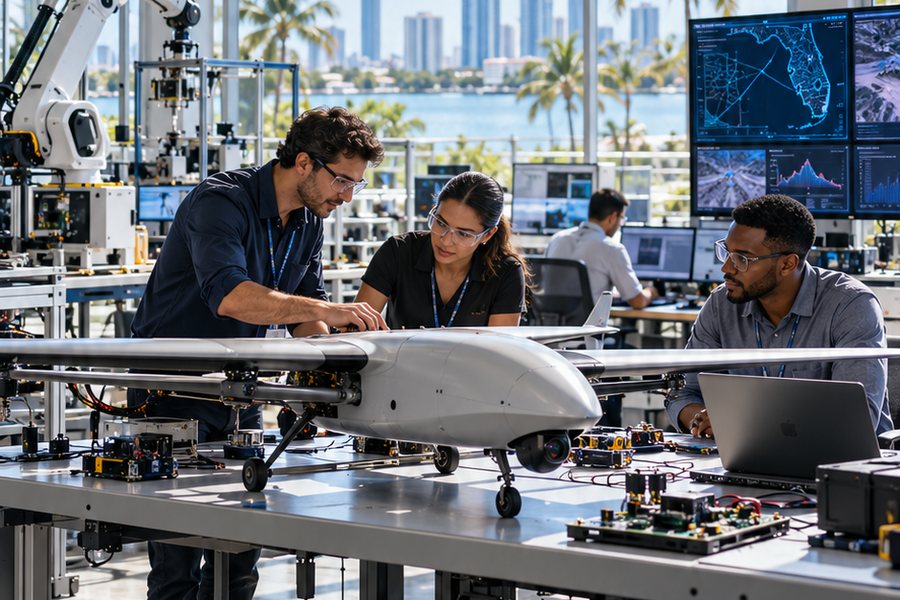 Concept illustration of engineers working on an unarmed autonomous aircraft prototype in a bright lab