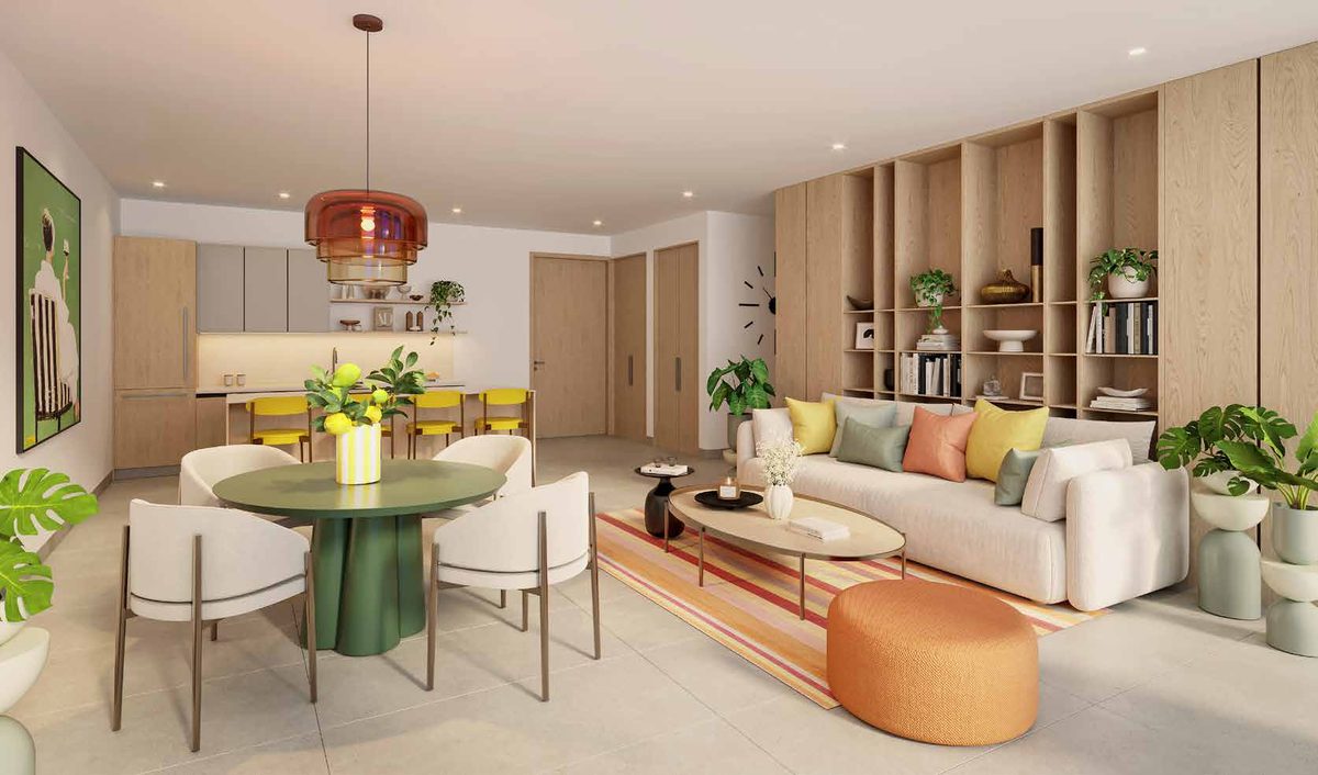 Rendu du séjour et de la salle à manger d’une résidence de deux chambres, avec du bois chaleureux et un mobilier coloré