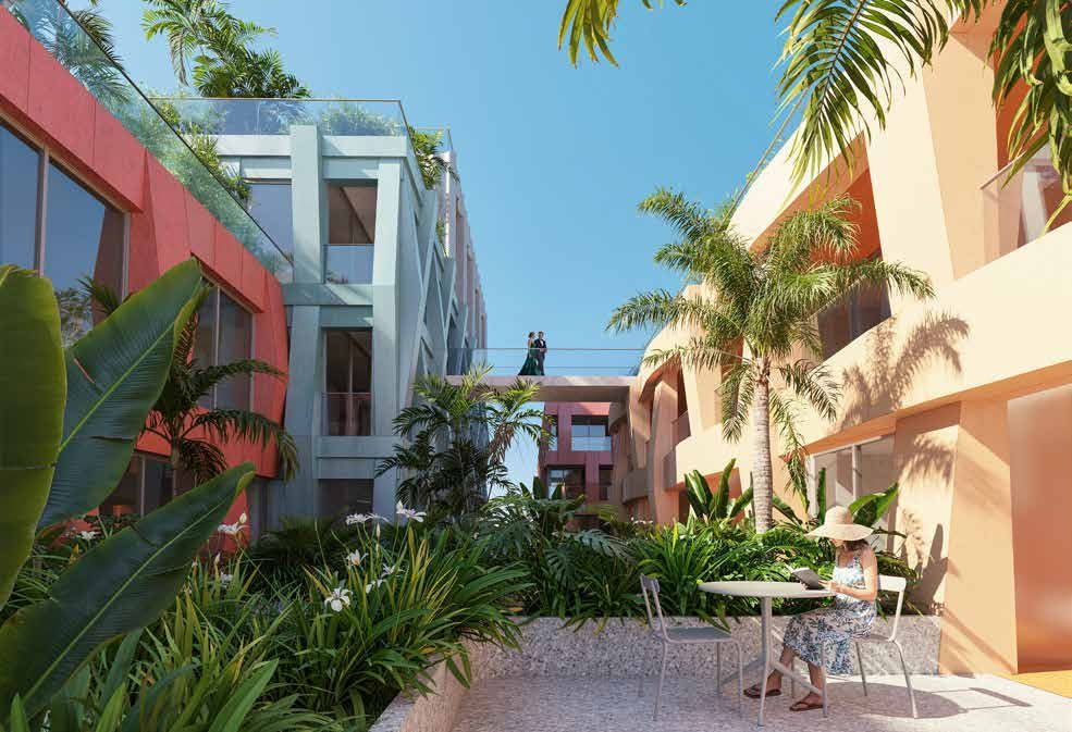 Rendu d’un salon-jardin avec des plantes tropicales à l’intérieur de WOMA